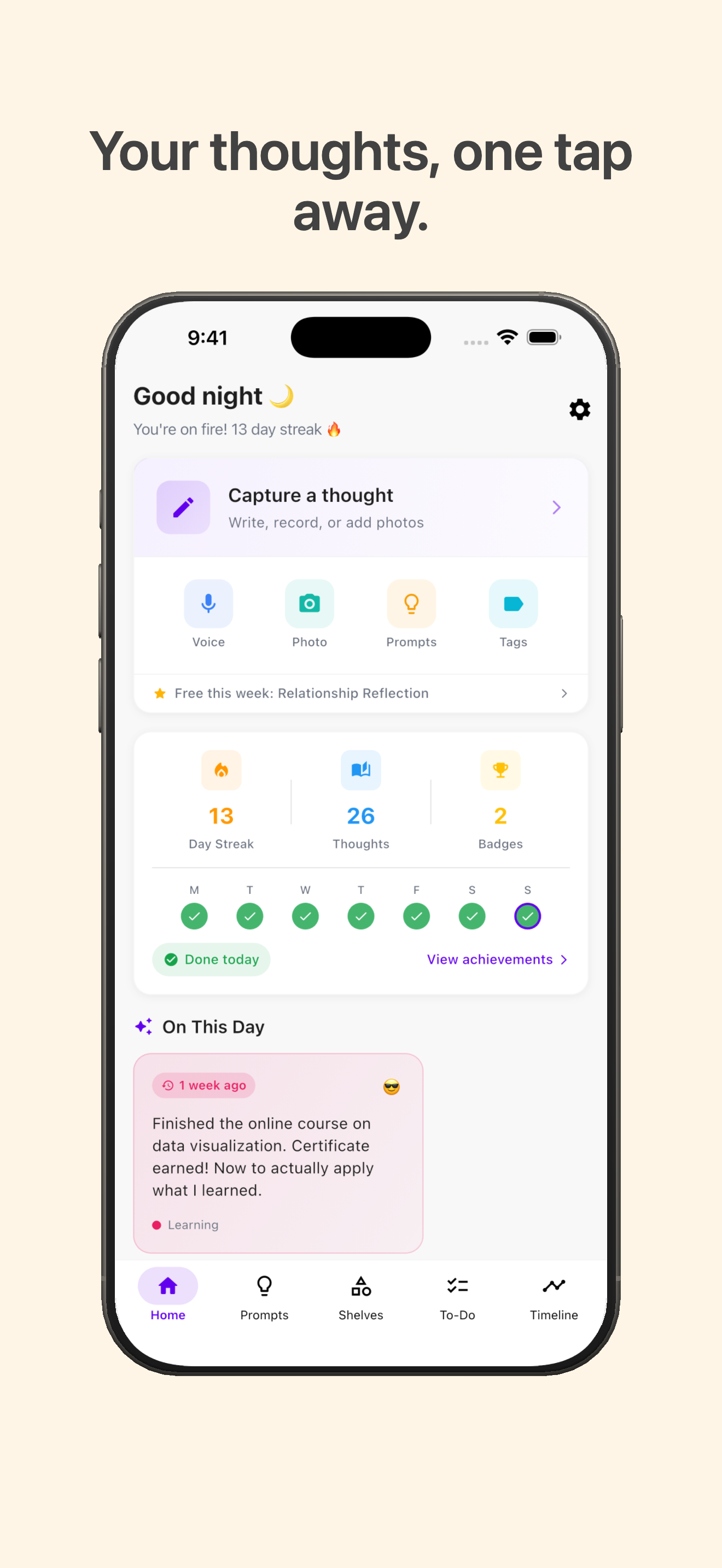 MindVault - Home screen with streaks and quick capture